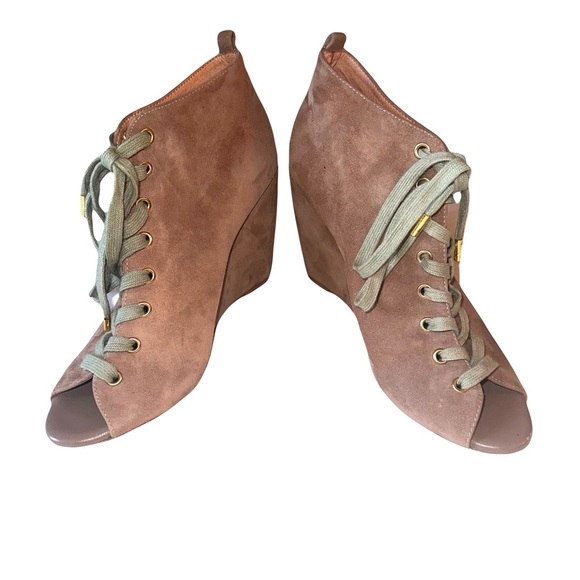 Joie Women's Rainey Lace Up Leather Suede Wedge Booties Peep Toe Size 40 - Picture 1 of 7
